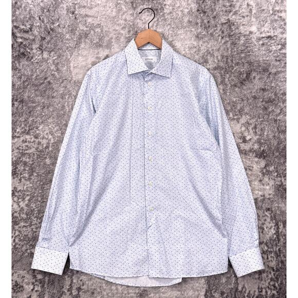 Eton Dress Shirt 42 / 16.5 Mens Contemporary Fit White Blue Bird Print Geometric - Picture 1 of 9
